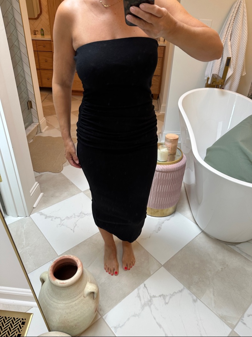 Michael Stars Women's Strapless Black Ruched Midi Dress